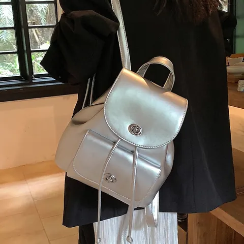 Fashion Women Mini PU Leather Backpack Korean Style Solid Color School Bag With Metal Turn-lock Casual Travel Daypack