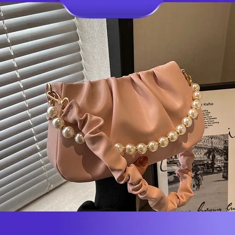 Luxuriöse Cloud-Tasche Mit Falten Für Damen Künstliche Perlenkette PU-Leder Schultertasche Umhängetasche Elegante Mode Handtasche Reise