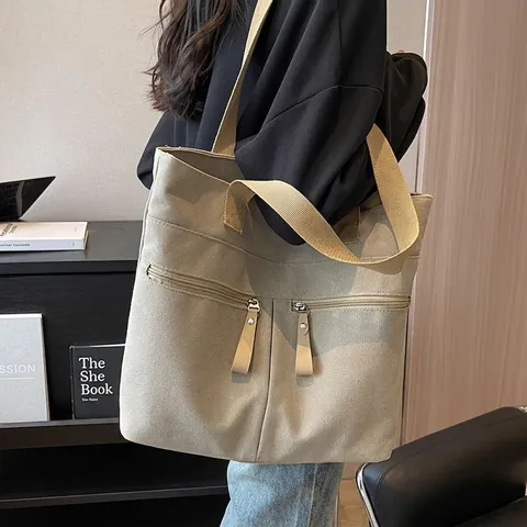 Women Large Capacity Canvas Tote Bag Casual Shoulder Bag With Front Zipper Pockets Durable Commuting School Work Handbag Minimalist