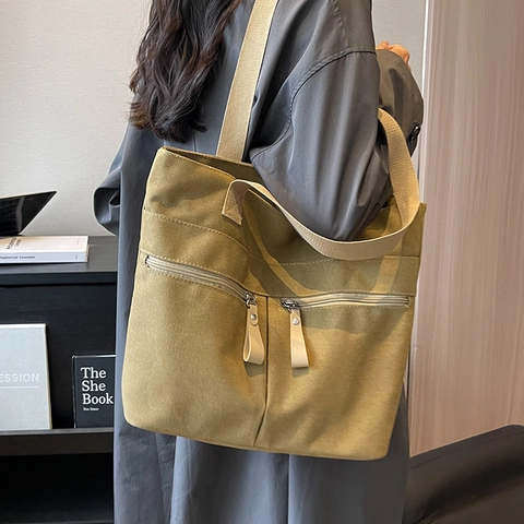 Women Large Capacity Canvas Tote Bag Casual Shoulder Bag With Front Zipper Pockets Durable Commuting School Work Handbag Minimalist