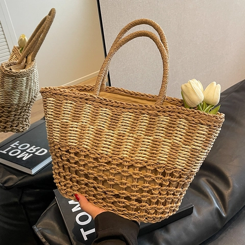 Women Large Capacity Straw Woven Tote Bag Summer Beach Hollow Out Handbag Contrast Color Spliced Shoulder Bag Casual Basket Bag