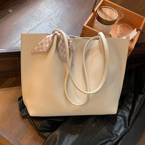 Women Large Capacity Lychee Grain PU Leather Tote Bag Fashion Letter Single Shoulder Bag With Satin Scarf For Commute