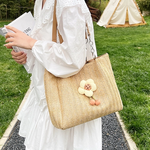 Stroh Geflochtene Tote Bag Für Damen Sommer Strand Urlaub Casual Umhängetasche Blumen Deko Buchstaben Leder Kette Gurt