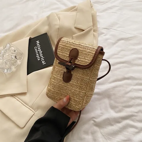 Vintage Straw Woven Mini Crossbody Bag For Women Small Square Phone Bag With Toggle Button Leather Trim Summer Vacation