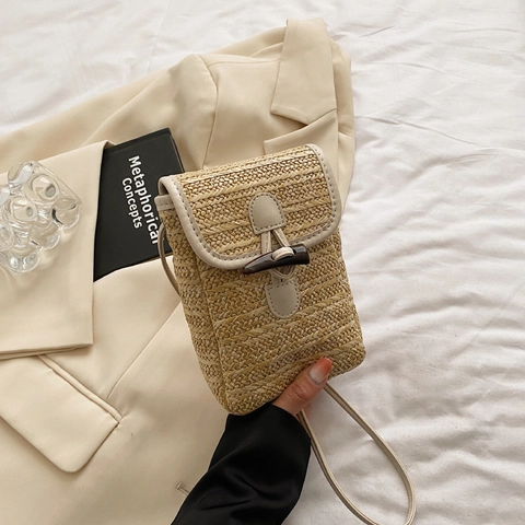 Vintage Straw Woven Mini Crossbody Bag For Women Small Square Phone Bag With Toggle Button Leather Trim Summer Vacation