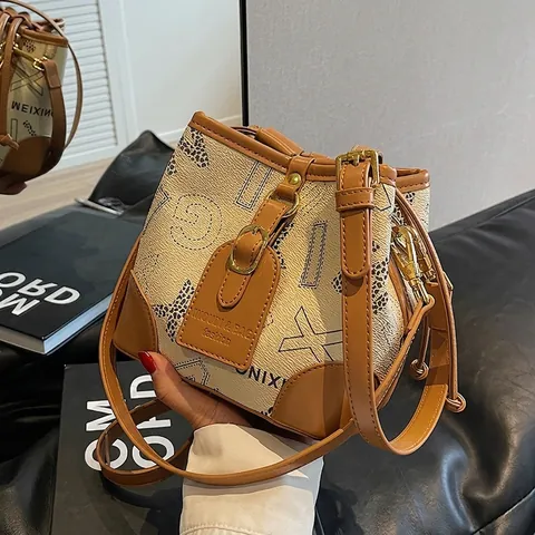 Women Retro Monogram Leopard Print PU Leather Bucket Bag Drawstring Crossbody Shoulder Bag Spliced Fashion Daily Handbag
