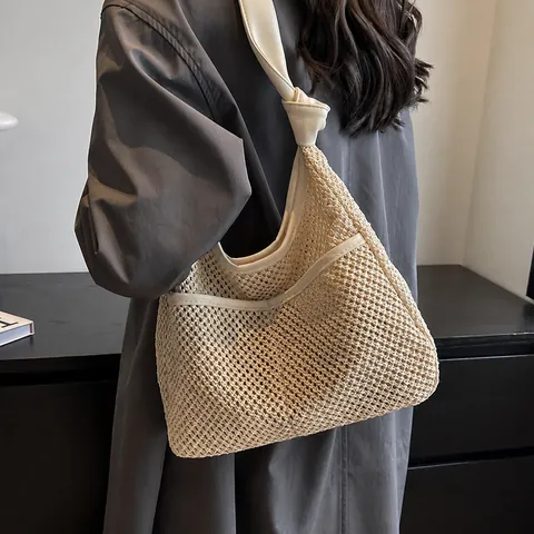 Women Large Capacity Straw Woven Shoulder Bag And Pouch Hollow Mesh Tote Beach Bag With Knotted Handle Casual Vacation Style