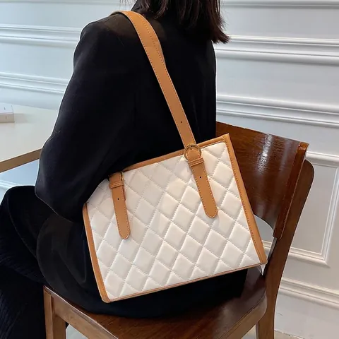 Sac Tote Matelassé à Losanges Femmes Grande Capacité en Cuir PU Sac à Épaule Avec Boucle en Métal Pour Trajet École