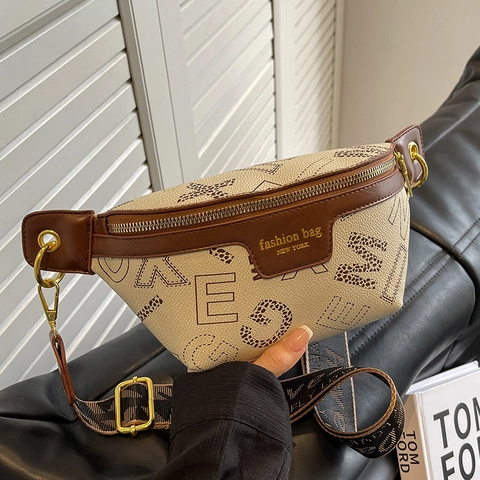 Fashion Women PU Leather Chest Bag Vintage Letter Print Crossbody Waist Bag Wide Shoulder Strap Casual Travel Fanny Pack