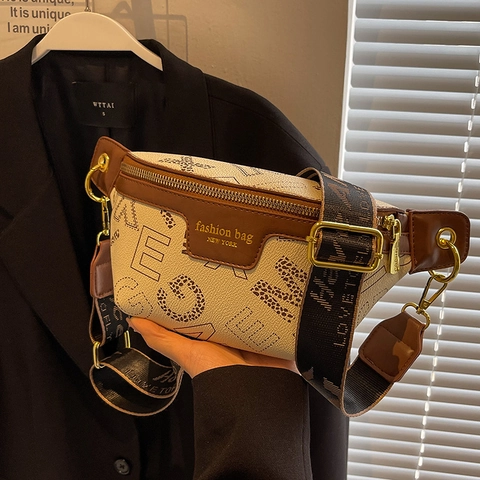 Fashion Women PU Leather Chest Bag Vintage Letter Print Crossbody Waist Bag Wide Shoulder Strap Casual Travel Fanny Pack