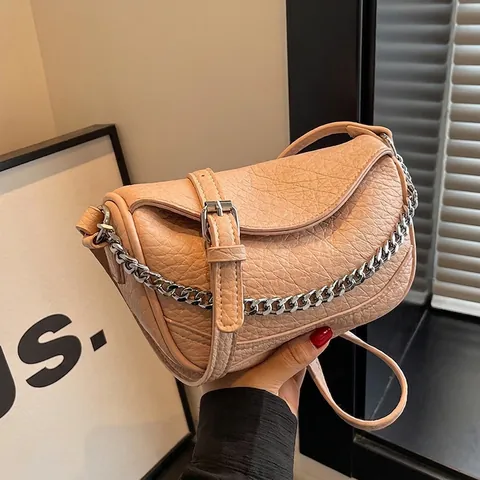 Borsa a Sella da Donna in Pelle PU Motivo Litchi Con Catena in Metallo Argento Borsa a Tracolla per Viaggio Casual Versatile
