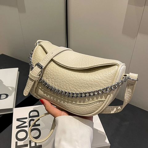 Borsa a Sella da Donna in Pelle PU Motivo Litchi Con Catena in Metallo Argento Borsa a Tracolla per Viaggio Casual Versatile
