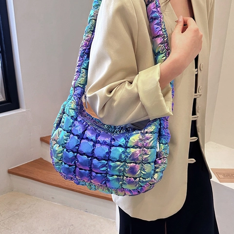 Borsa a Tracolla Trapuntata Olografica da Donna Borsa a Spalla Iridescente Cloud Dumpling Fashion Handbag Laser Metallizzato