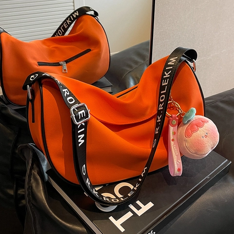 Women Large Capacity Half Moon Crossbody Bag Nylon PU Dumpling Shoulder Bag With Letter Wide Strap Peach Pendant Casual Travel Satchel