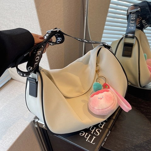Women Large Capacity Half Moon Crossbody Bag Nylon PU Dumpling Shoulder Bag With Letter Wide Strap Peach Pendant Casual Travel Satchel