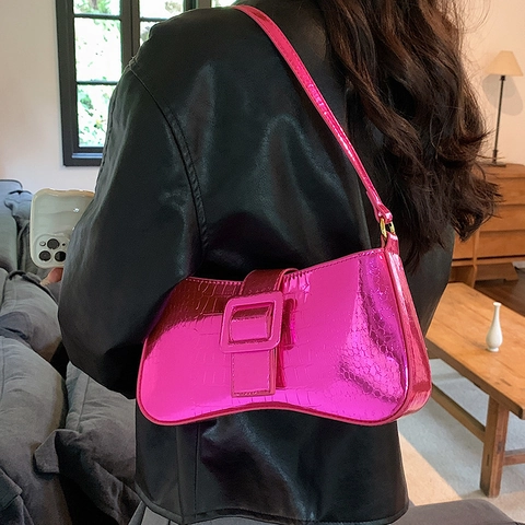 Sac Sous le Bras PU Motif Crocodile Femme Finition Métallique Grande Boucle Carrée Sac à Bandoulière Mode Rétro pour Quotidien Fête