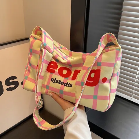 Borsa a Tracolla in Tela da Donna Grande Capacità Stampa a Quadri e Lettere Tracolla Larga Borsa a Spalla Versatile Casual Forma a Cuscino