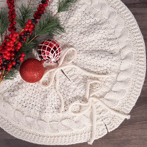 Gonna per Albero di Natale in Maglia Acrilica Motivo a Trecce Chiusura con Fiocco Copertura Rotonda per Base Albero per Decorazioni Natalizie