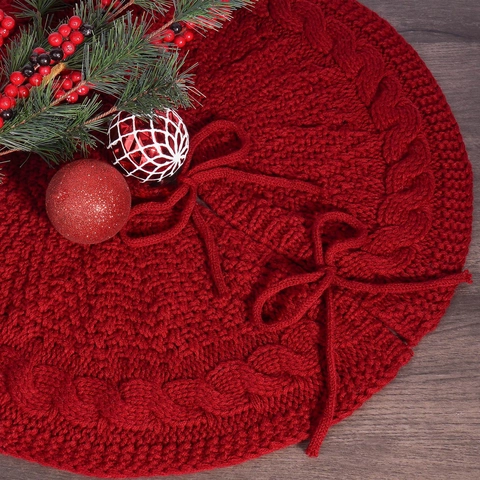 Gonna per Albero di Natale in Maglia Acrilica Motivo a Trecce Chiusura con Fiocco Copertura Rotonda per Base Albero per Decorazioni Natalizie