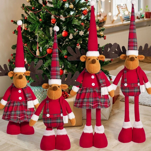 Christmas Reindeer Plush Doll Retractable Legs Standing Deer Ornament Red Plaid Fabric Festive Home Decor Xmas Gift Nordic Style