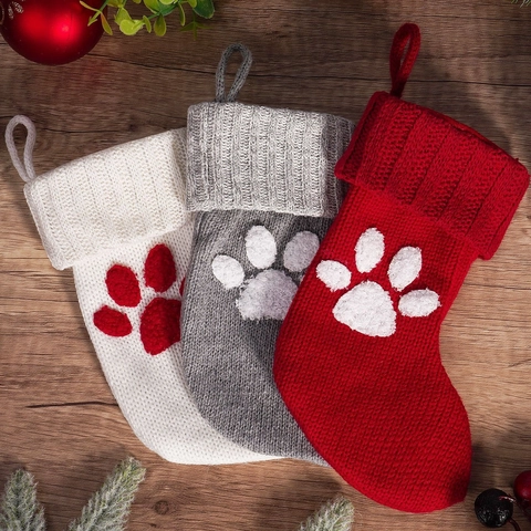 Weihnachtsstrümpfe Gestrickt Acryl Haustier Pfotenmuster Hängend Feiertag Party Dekoration Geschenktüten Dekor
