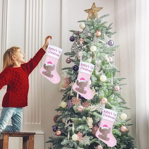 Prima Calza di Natale per Bambino Elefante Blu Rosa Ricamato Tessuto Peluche Motivo Fiocco di Neve Decorazione Appesa Albero Natale