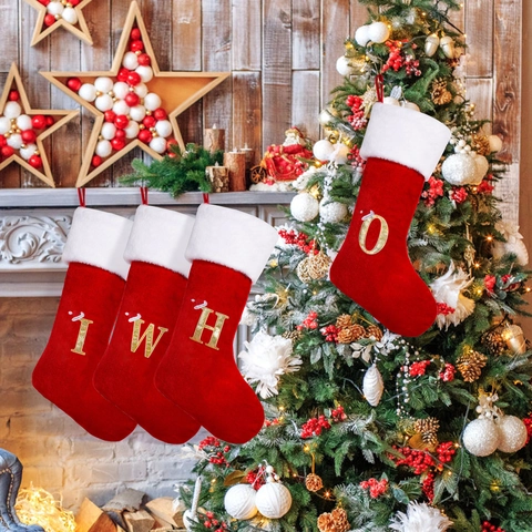 Alphabet Christmas Stocking Red Velvet Gold Embroidered Letter Personalized Xmas Gift Bag Fireplace Hanging Decoration