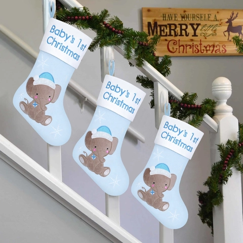 Prima Calza di Natale per Bambino Elefante Blu Rosa Ricamato Tessuto Peluche Motivo Fiocco di Neve Decorazione Appesa Albero Natale