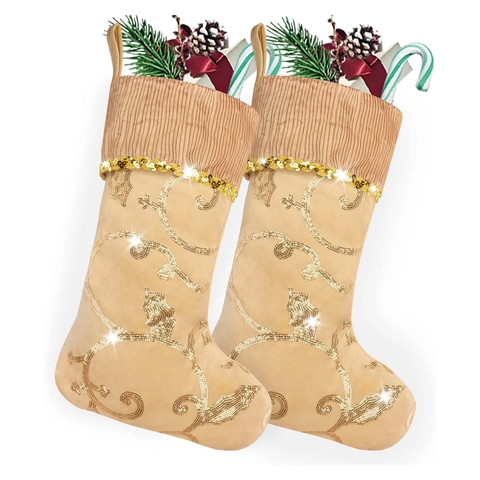 Champagnergold Nikolausstiefel Pailletten Rentier Rebe Stickerei Samt Leuchtend Weihnachten Hängende Dekoration Geschenkbeutel