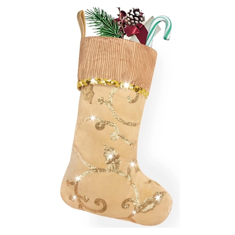 Champagnergold Nikolausstiefel Pailletten Rentier Rebe Stickerei Samt Leuchtend Weihnachten Hängende Dekoration Geschenkbeutel