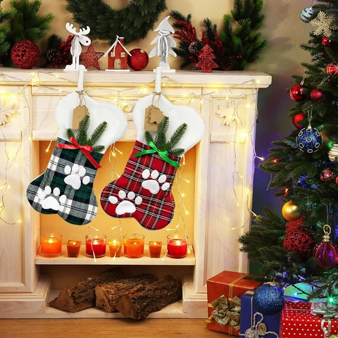 Bone Shaped Pet Christmas Stocking Plaid Dog Paw Print Decorative Gift Bag For Fireplace Christmas Tree Holiday Party Decor