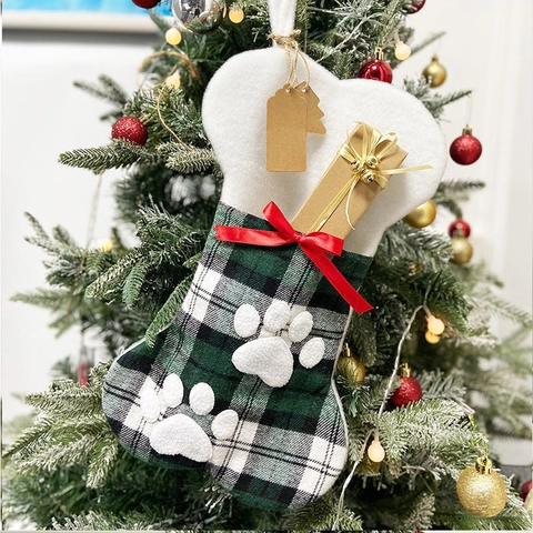 Bone Shape Pet Christmas Stockings Plaid Fabric White Plush Trim Paw Print Decoration Ribbon Bow Hanging Fireplace Ornament