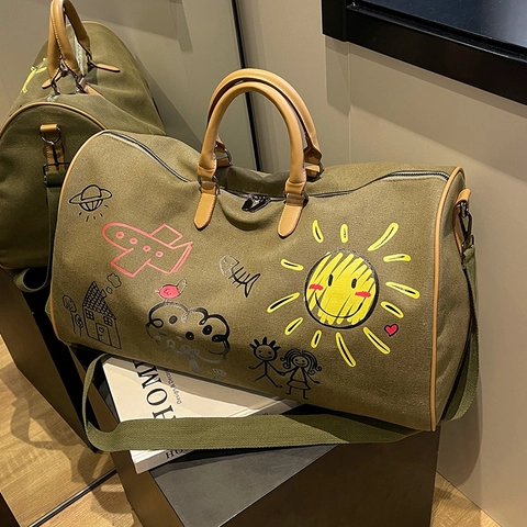 Graffiti Canvas Reistas Met Grote Capaciteit Voor Vrouwen Bedrukte Duffeltas Casual Weekend Handtas Met Afneembare Schouderriem