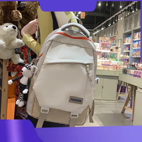Nylon Color Block Rucksack Mode Buchstaben Schultasche Für Damen Studenten Reisen Casual Kontrastfarbe Daypack Mit Anhänger