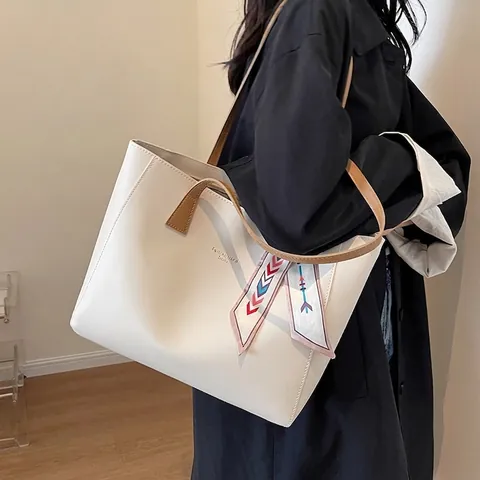 Damen PU Leder Tragetasche Mit Großer Kapazität Einfache Retro Schultertasche Mit Satin-Schal Mode Pendeln Student Handtasche
