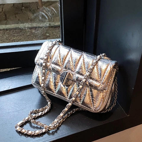 Quilted Chain Crossbody Bag Women Metallic Holographic PU Leather Rhombus Small Square Shoulder Bag Turn Lock Handbag