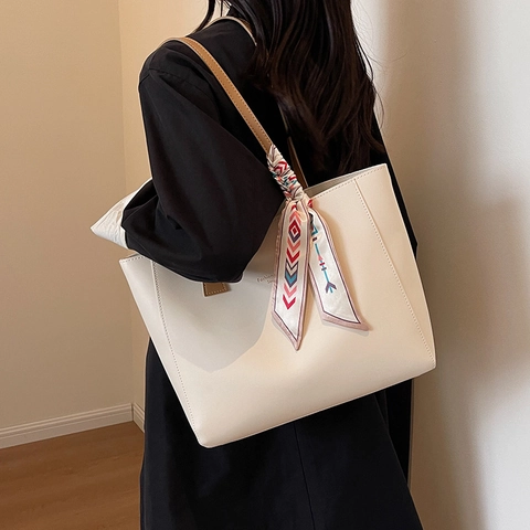 Damen PU Leder Tragetasche Mit Großer Kapazität Einfache Retro Schultertasche Mit Satin-Schal Mode Pendeln Student Handtasche