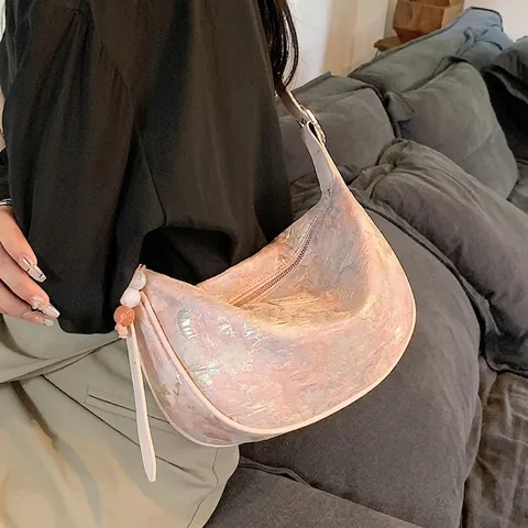 Women's Vintage Jacquard Hobo Bag Iridescent Half Moon Shoulder Crossbody Bag With Adjustable Strap And Bead Charm