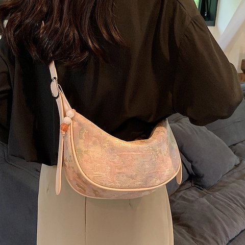 Women's Vintage Jacquard Hobo Bag Iridescent Half Moon Shoulder Crossbody Bag With Adjustable Strap And Bead Charm