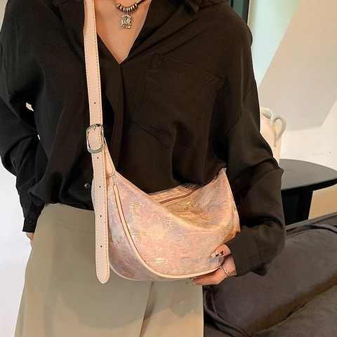 Damen Vintage Jacquard Hobo Tasche Irisierend Halbmond Schultertasche Umhängetasche Mit Verstellbarem Riemen Perlenanhänger