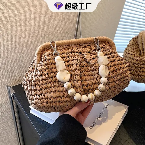 Damen Stroh Gewebte Wolke Handtasche Mit Marmor Perlen Griff Sommer Urlaub Strand Umhängetasche Vintage Perlen Clutch Tasche