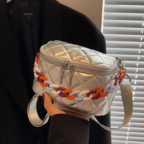Quilted Rhombus Crossbody Bag For Women Fashion PU Leather Chest Bag With Colored Acrylic Chain Wide Strap Waist Bag