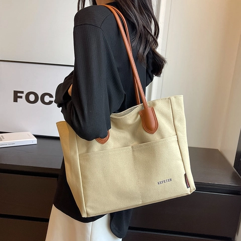Bolso Tote de Lona para Mujer Gran Capacidad Minimalista Vintage Bolso de Hombro Con Asas de Cuero Casual Viaje al Trabajo Bolso de Mano