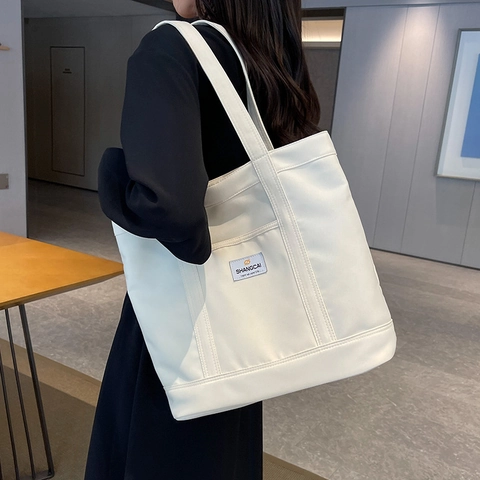 Women Large Capacity Canvas Tote Bag Simple Solid Color Shoulder Bag For Commuter School Travel Casual Handbag