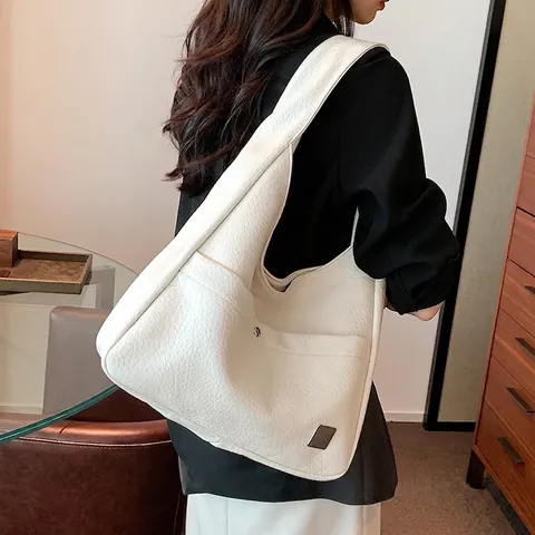 Grand Sac Hobo Femme Texture Lychee Cuir PU Sac À Épaule Minimaliste Décontracté Fourre-Tout Sac Sous L'Aisselle Voyage