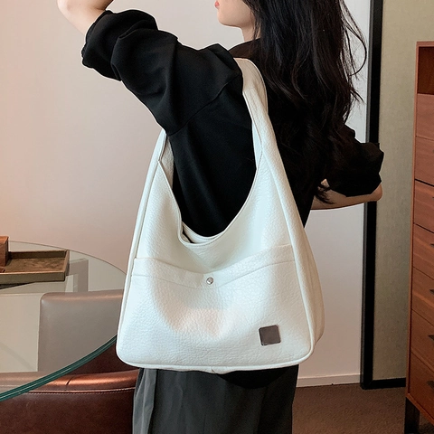 Grand Sac Hobo Femme Texture Lychee Cuir PU Sac À Épaule Minimaliste Décontracté Fourre-Tout Sac Sous L'Aisselle Voyage