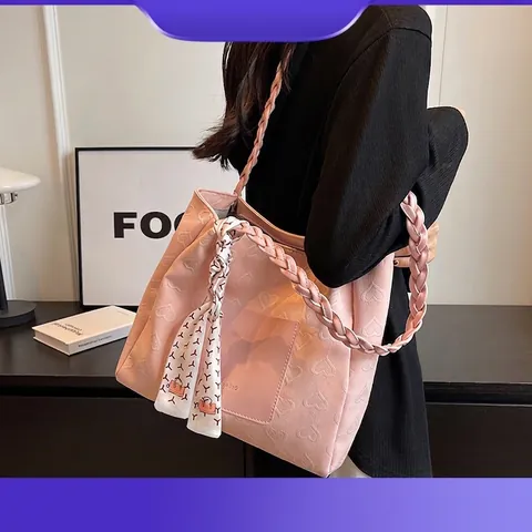 Damen Große Kapazität Tote Bag Herz Geprägt PU Leder Umhängetasche Mit Geflochtenem Griff Seidenschal Pendeltasche