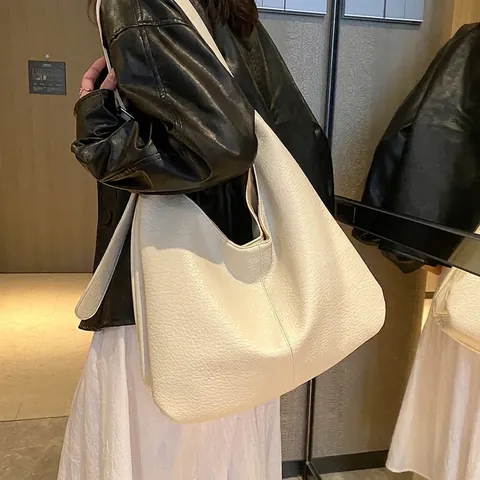 Women Large Capacity PU Leather Hobo Bag Minimalist Solid Color Litchi Texture Single Shoulder Crossbody Bag For Travel