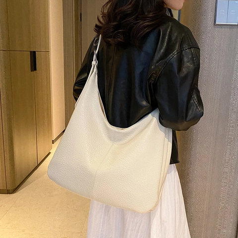 Women Large Capacity PU Leather Hobo Bag Minimalist Solid Color Litchi Texture Single Shoulder Crossbody Bag For Travel