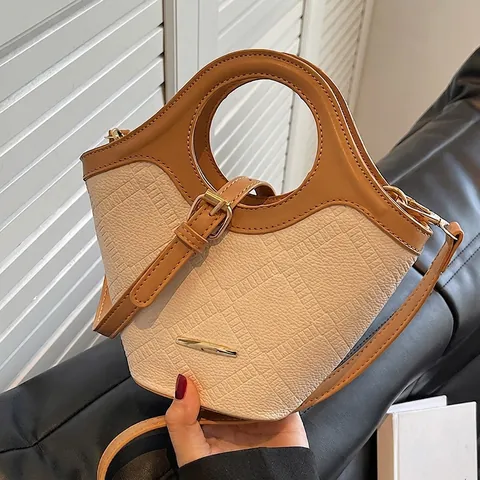 Sac Seau pour Femmes en Cuir PU Texture Litchi Minimaliste Sac Bandoulière Poignée Circulaire Mode Sac à Main Décontracté